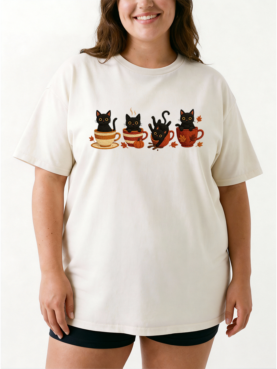 Vintage Halloween Pumpkin Fall Black Cat Oversize Graphic Tee