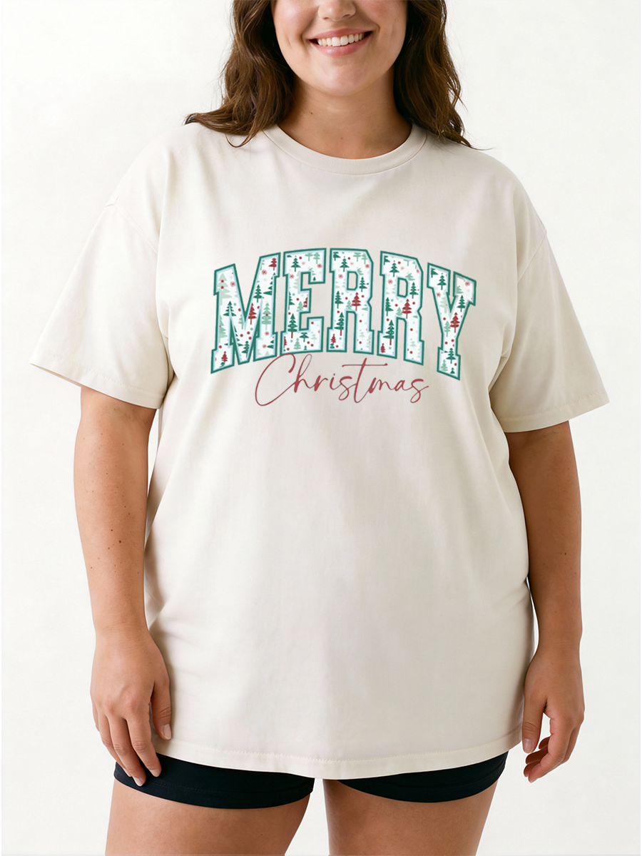Vintage Colors Merry Christmas Oversize Graphic Tee