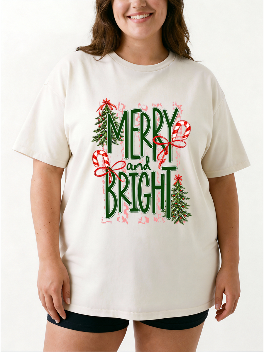 Vintage Merry And Bright Christmas Oversize Graphic Tee