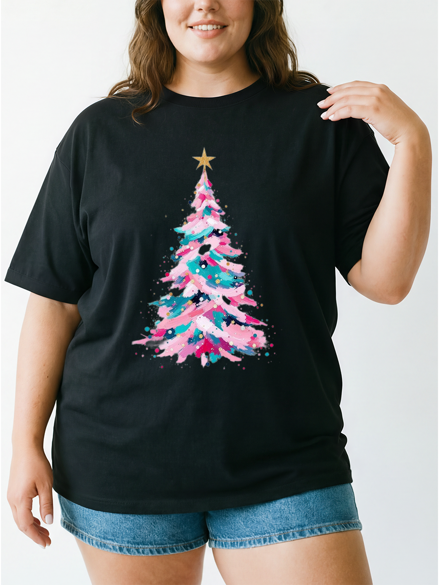 Vintage Watercolor Christmas Tree Oversize Graphic Tee