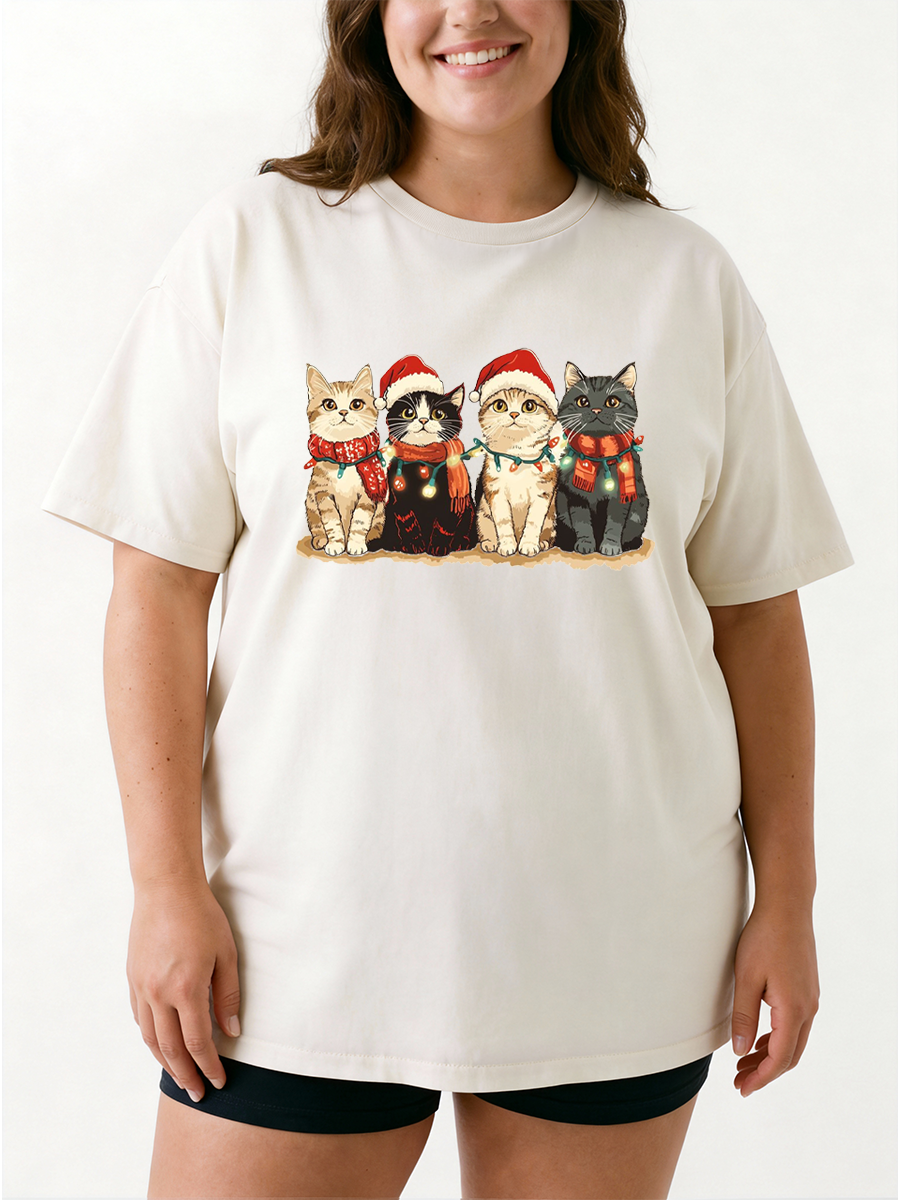 Vintage Christmas Cute Cats Oversize Graphic Tee