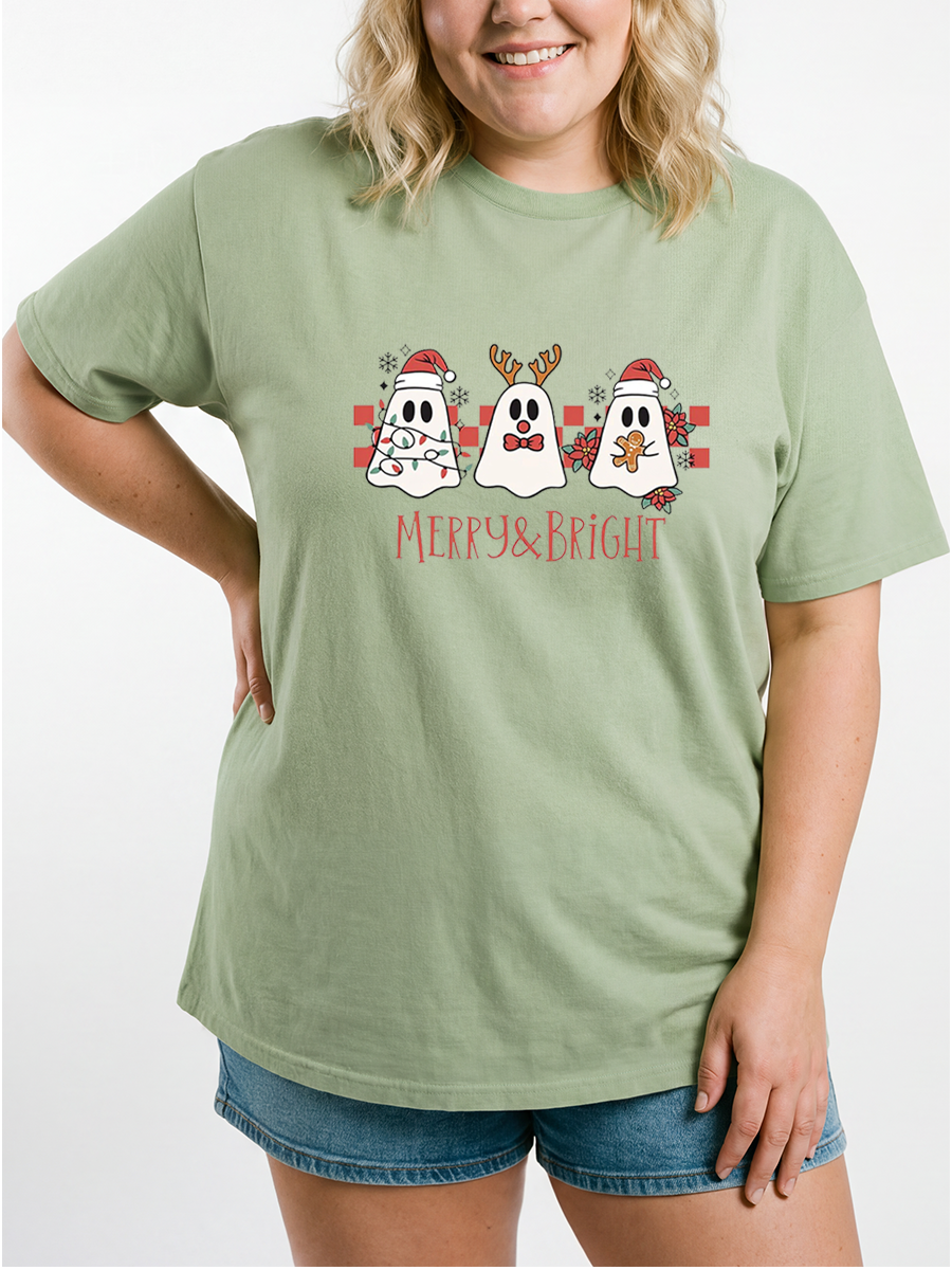 Vintage Merry Christmas Cute Ghost Oversize Graphic Tee