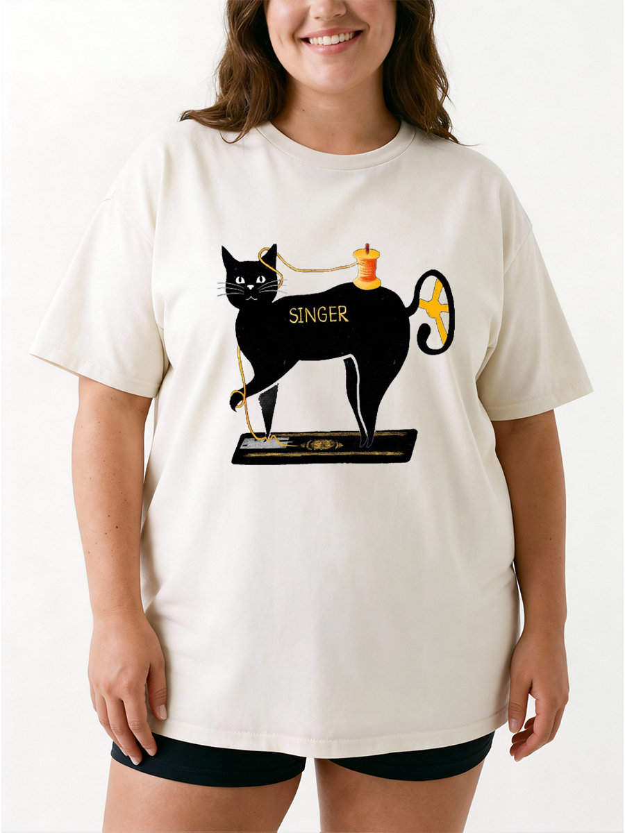 Vintage Cat-Shaped Sewing Machine Oversize Graphic Tee
