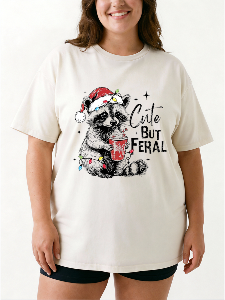 Vintage Cute But Feral Christmas Racoon Oversize Graphic Tee