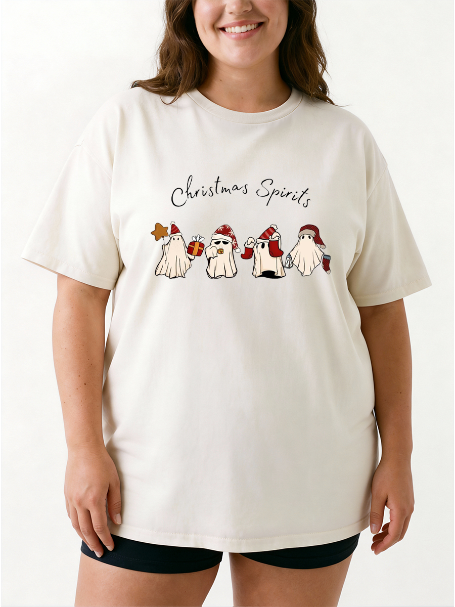 Vintage Christmas Spirits Cute Ghosts Oversize Graphic Tee