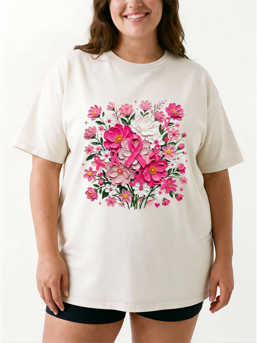 Vintage Pink Ribbon Awareness Colorful Flowers Oversize Graphic Tee