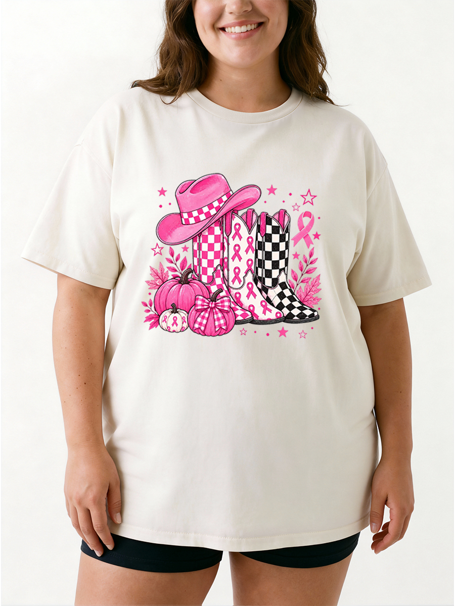 Vintage Cowboy Boots Fall Breast Cancer Pumpkin Oversize Graphic Tee