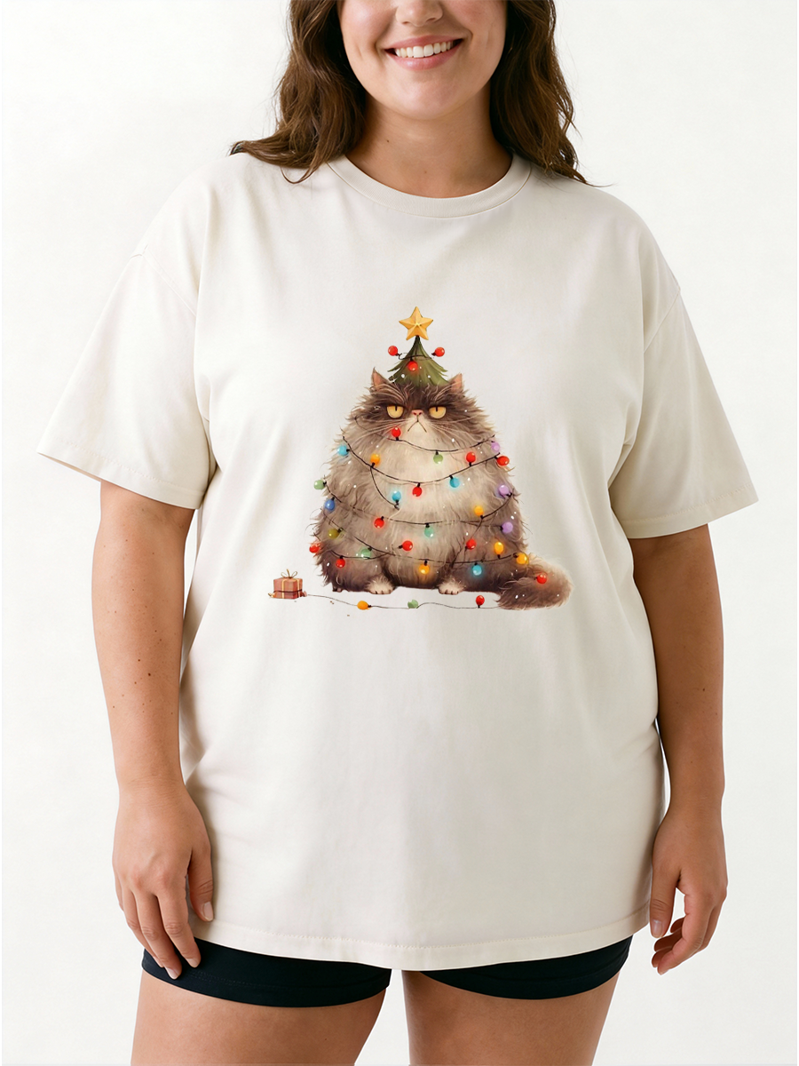 Vintage Cute Cat With Christmas Light Oversize Graphic Tee