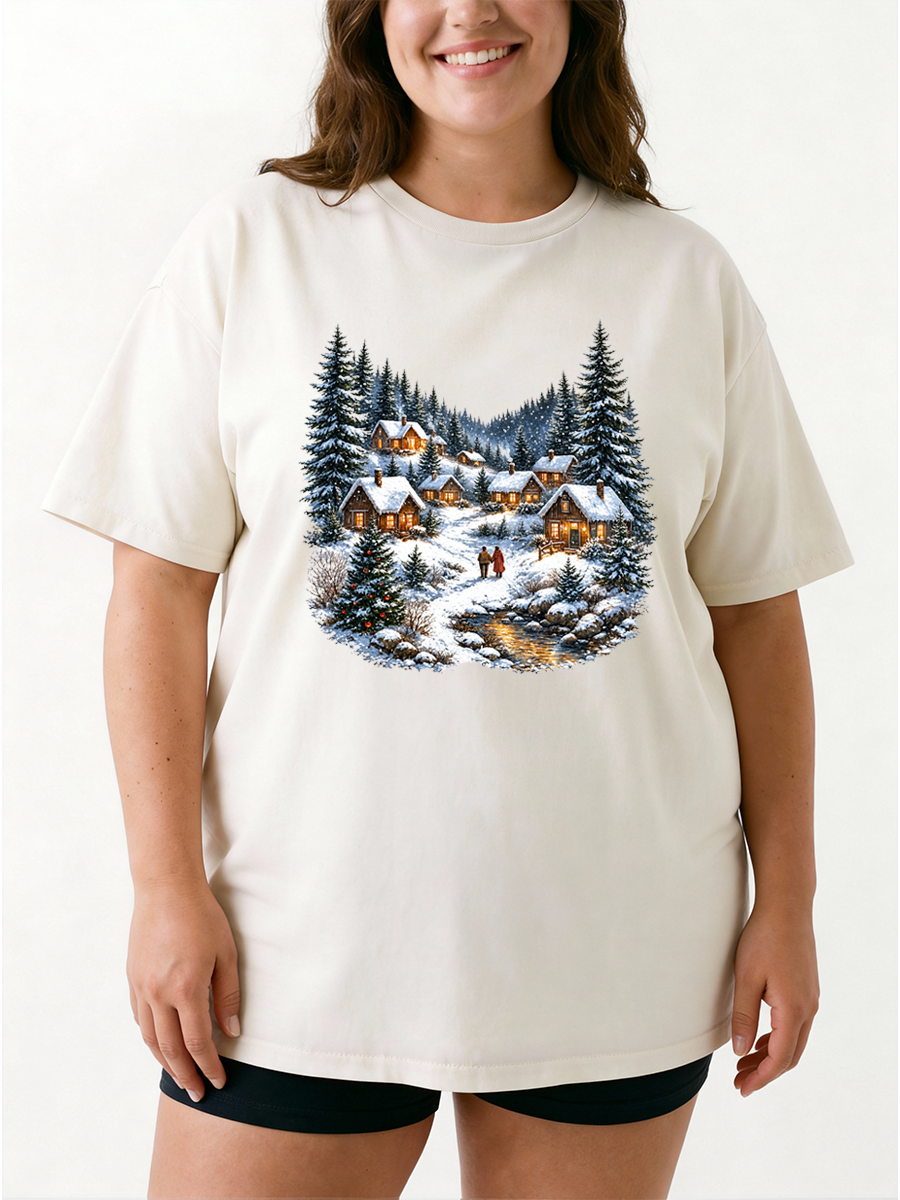 Vintage Christmas Winter Village Oversize Graphic Tee