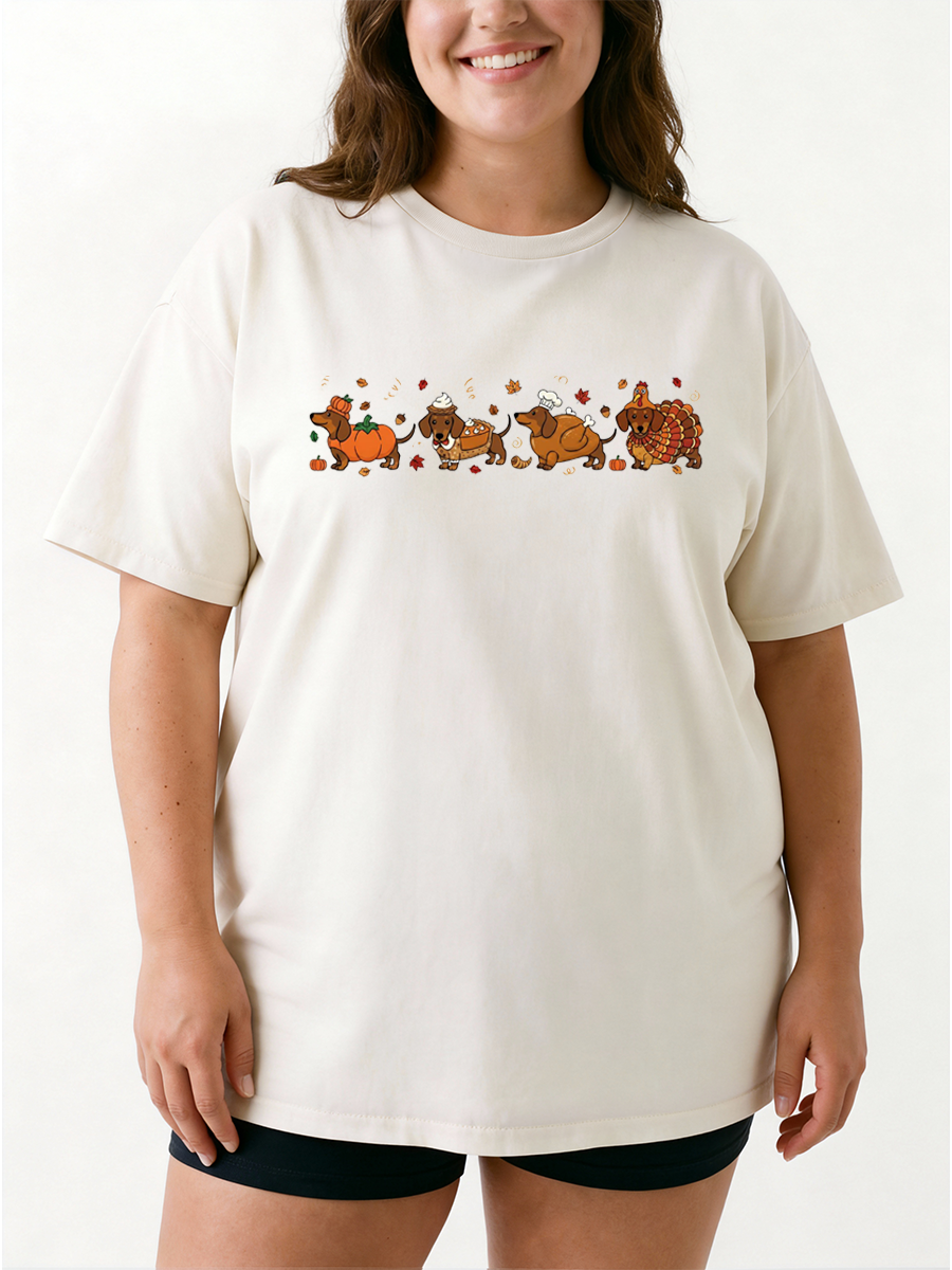 Vintage Cute Wiener Dog Thanksgiving Oversize Graphic Tee