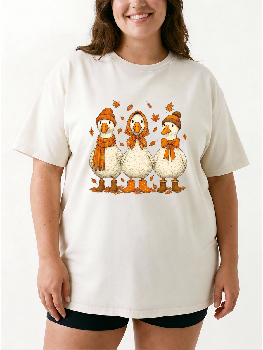 Vintage Autumn Fall And Cute Ducks Oversize Graphic Tee