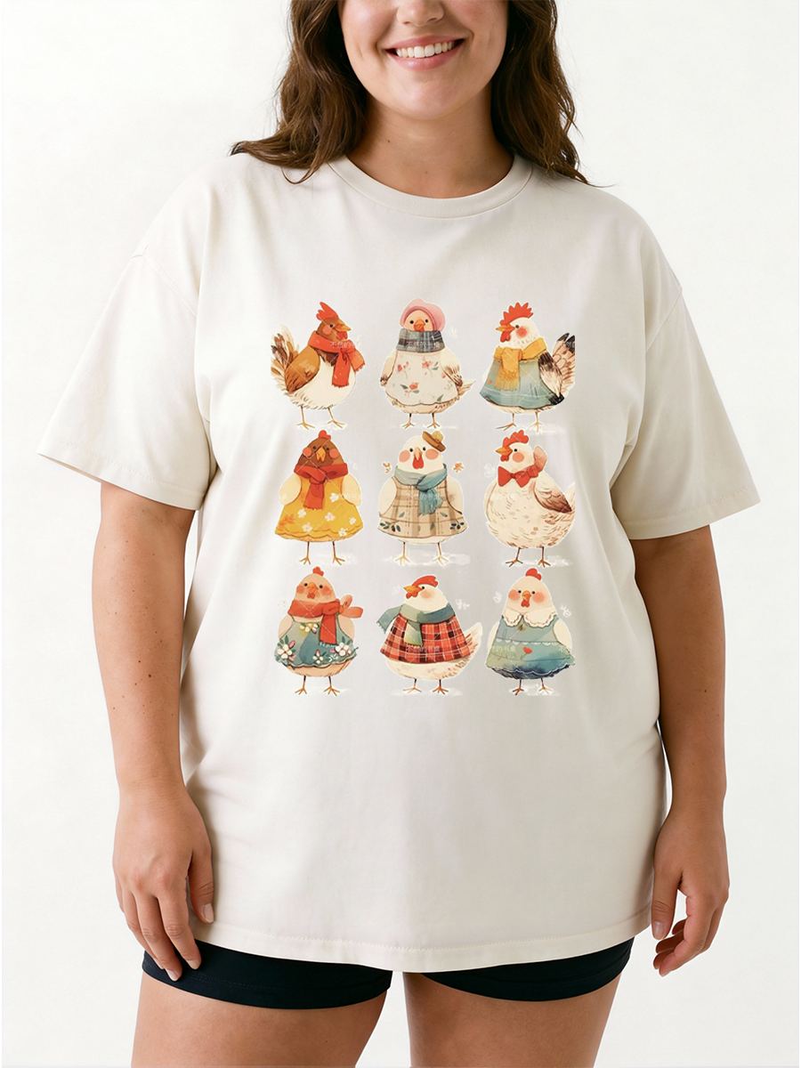 Vintage Autumn Cute Chicken Oversize Graphic Tee