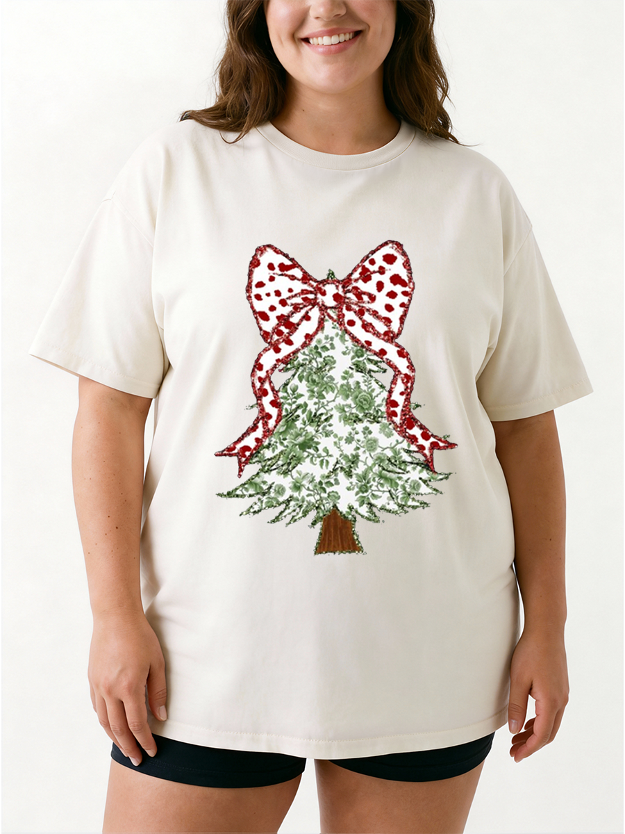 Vintage Christmas Tree Bow Oversize Graphic Tee