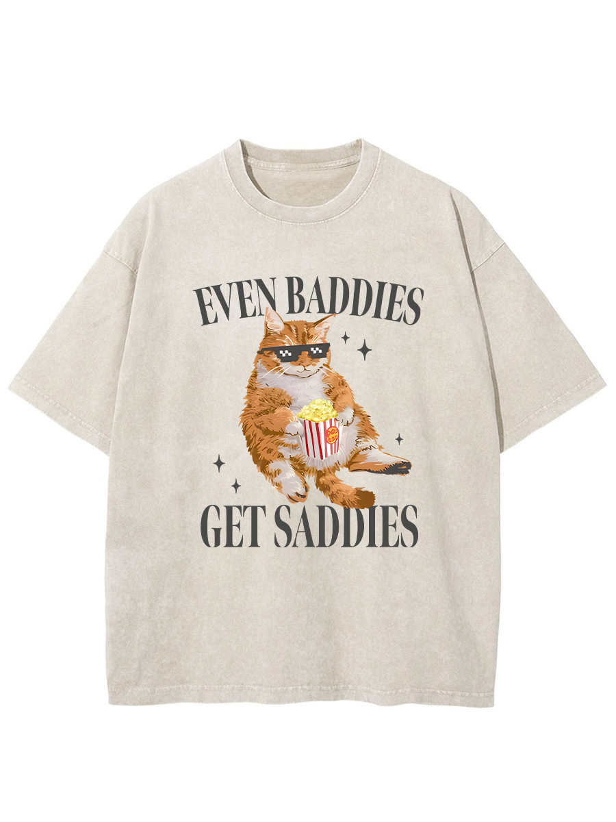 Vintage Cat Even Baddies Get Saddies Washed T-Shirt