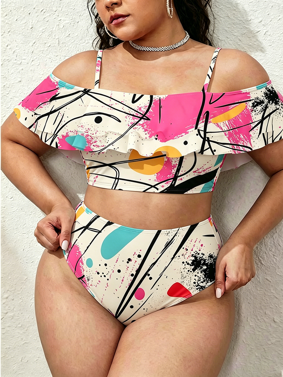 Vintage Colorful Abstract Doodle Two Piece Ruffled Tankini Swimsuit