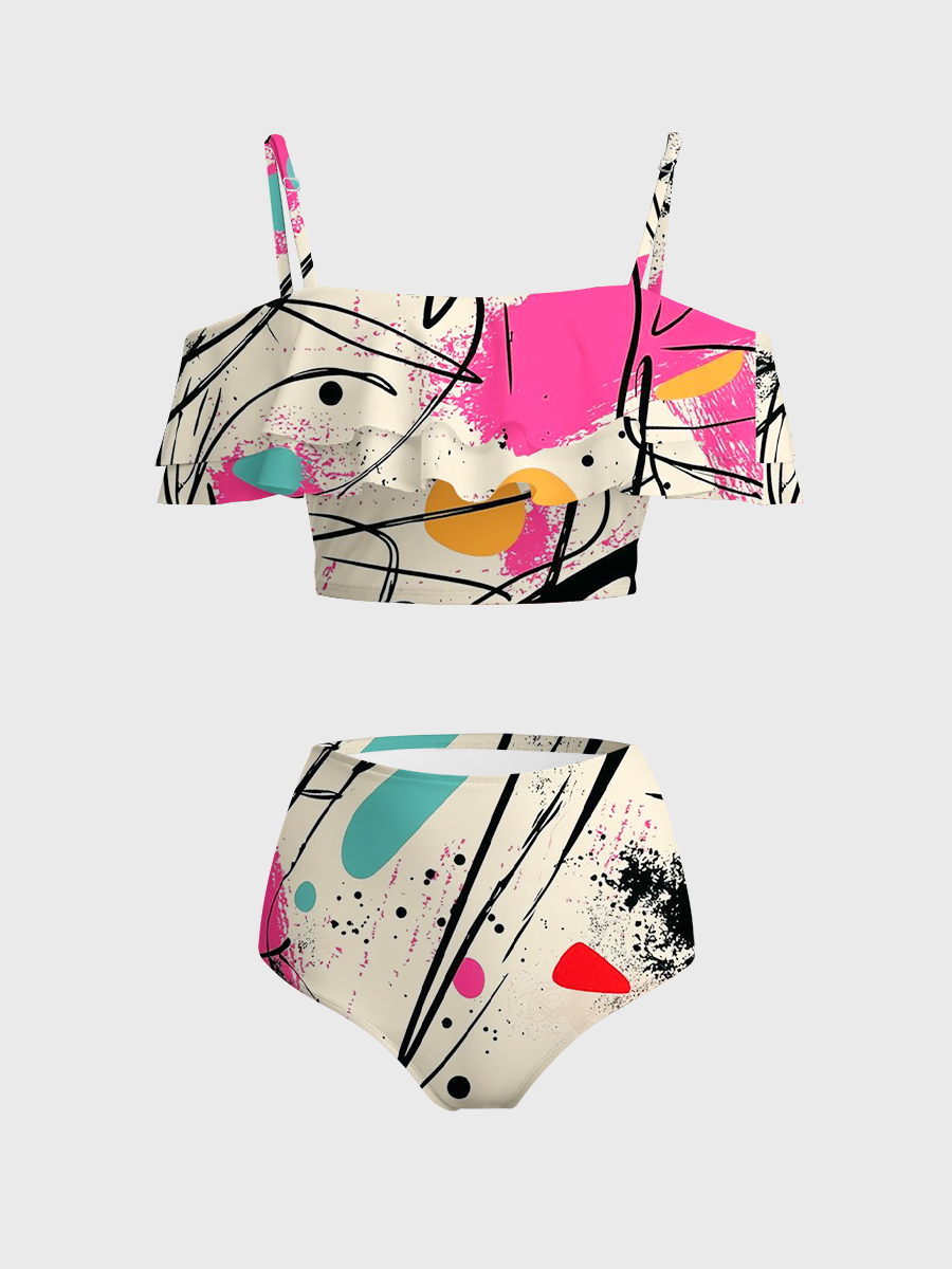 Vintage Colorful Abstract Doodle Two Piece Ruffled Tankini Swimsuit