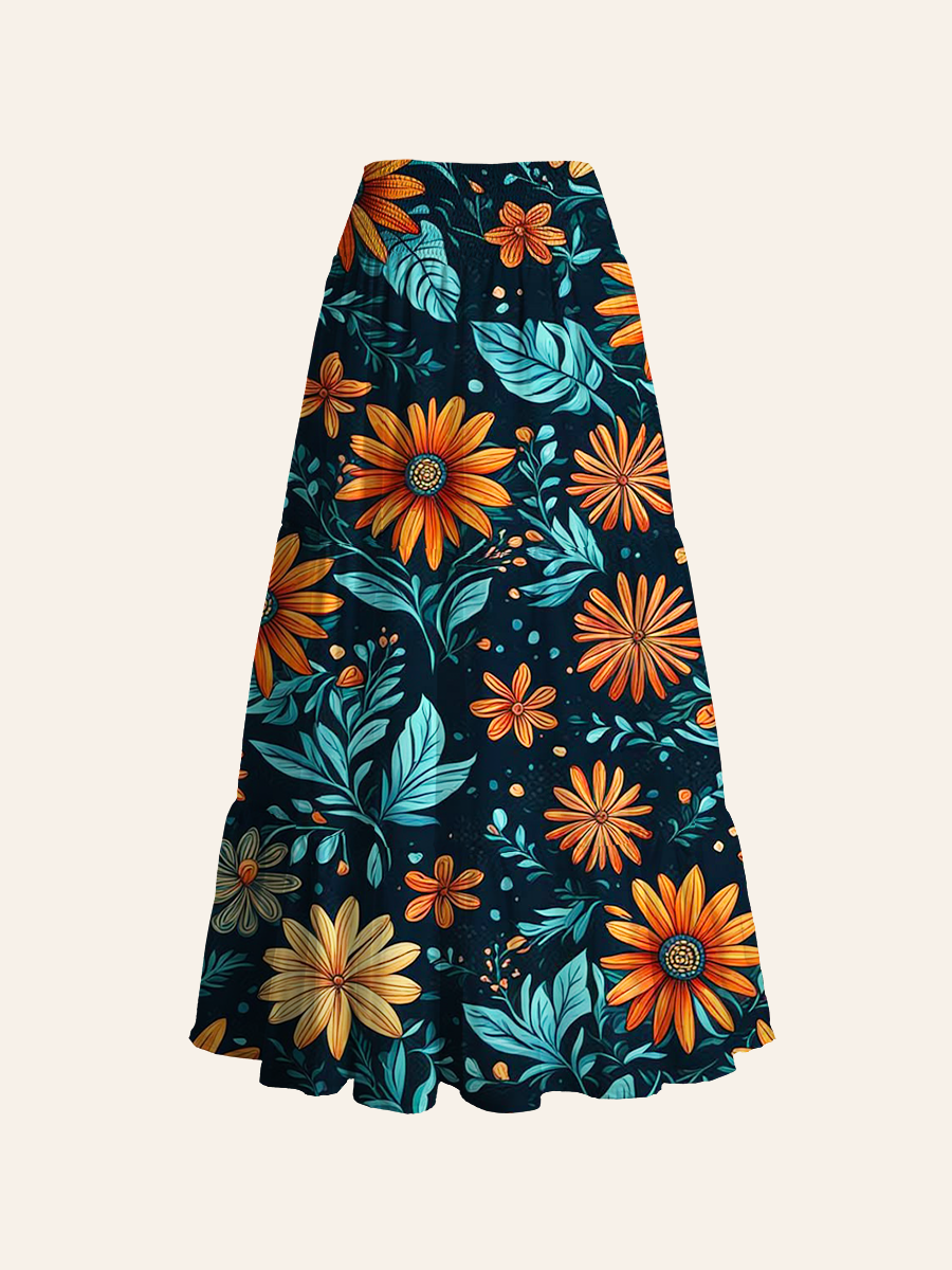 Folk Art Floral Print Convertible Maxi Skirts