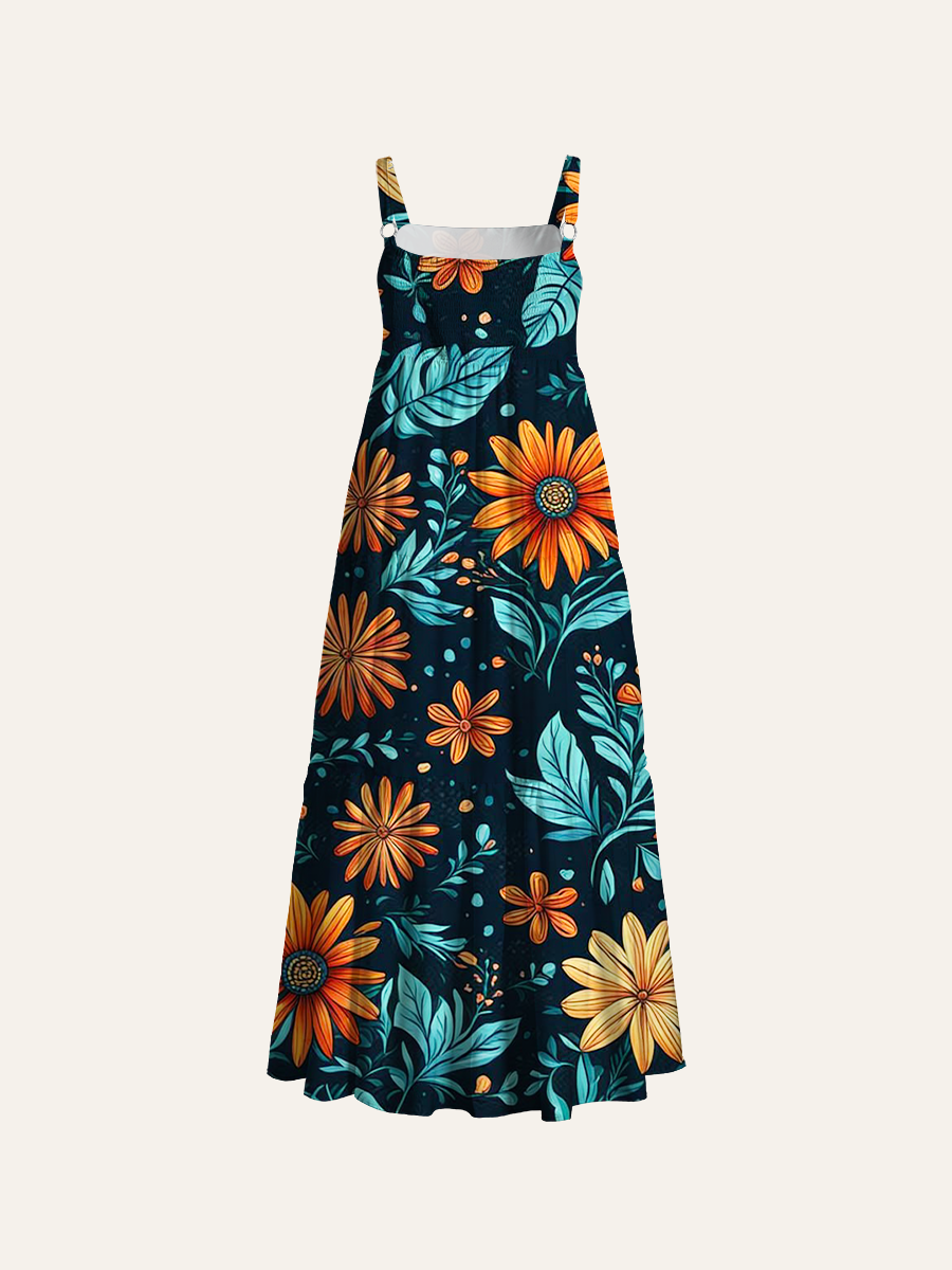 Folk Art Floral Print Adjustable Wide Straps Maxi Dress