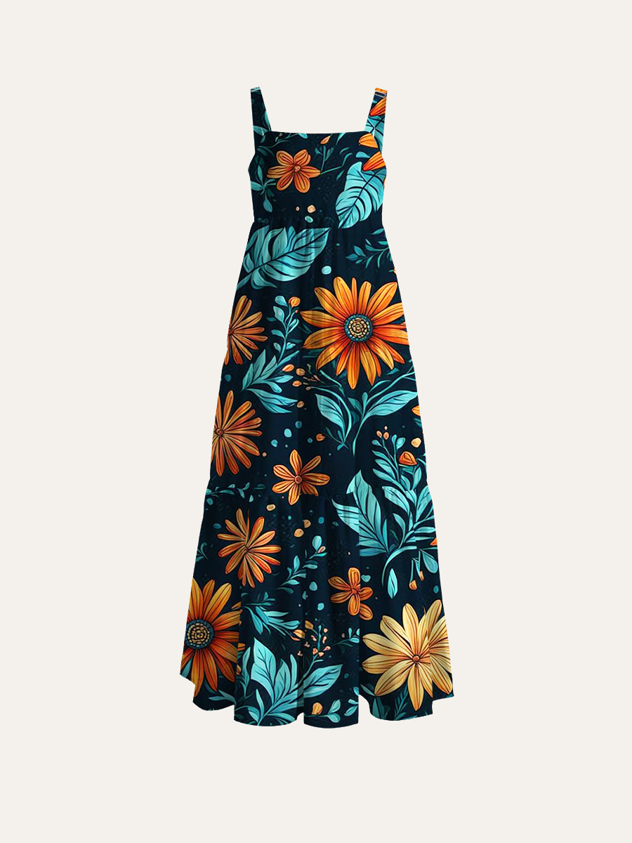 Folk Art Floral Print Adjustable Wide Straps Maxi Dress