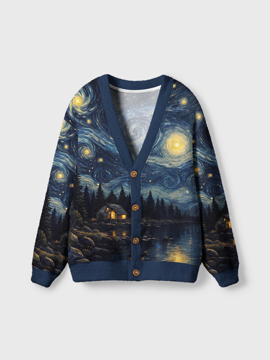 Vintage Lakeside Cabin And River Reflection Under Midnight Starry Sky Cardigan Sweaters