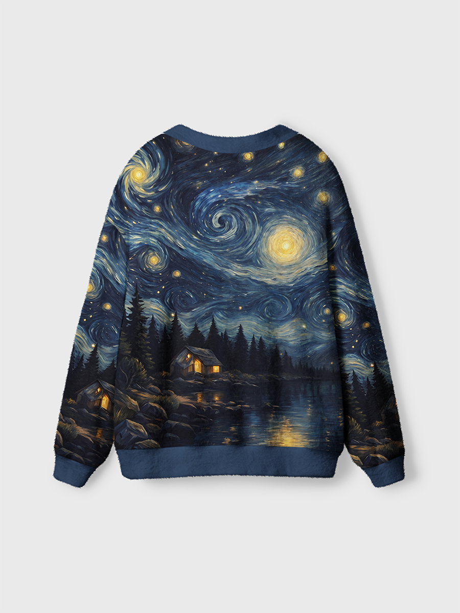 Vintage Lakeside Cabin And River Reflection Under Midnight Starry Sky Cardigan Sweaters