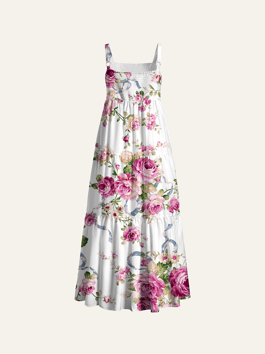Pink Rose Ribbon Watercolor Floral Adjustable Wide Straps Maxi Dress