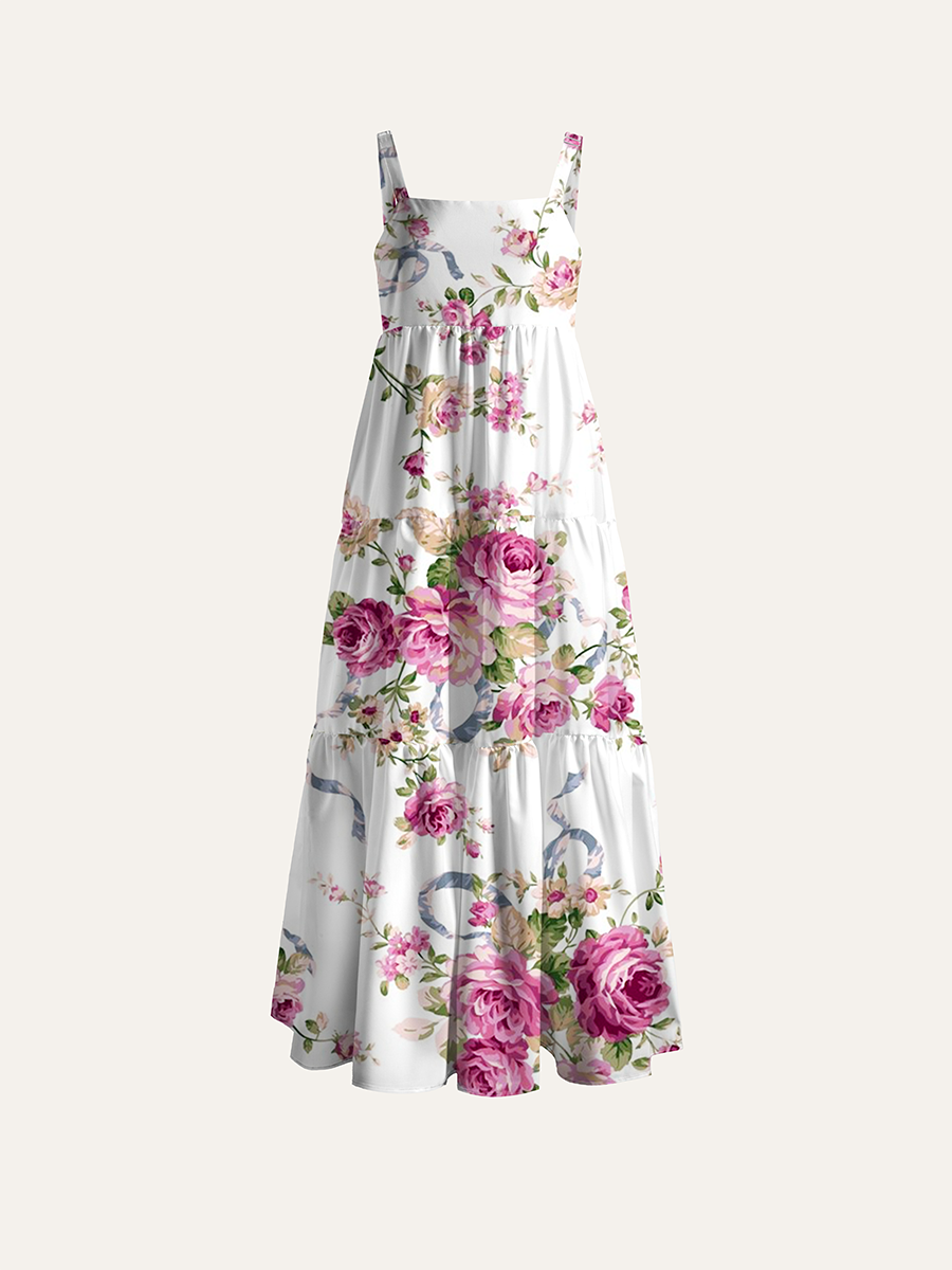 Pink Rose Ribbon Watercolor Floral Adjustable Wide Straps Maxi Dress