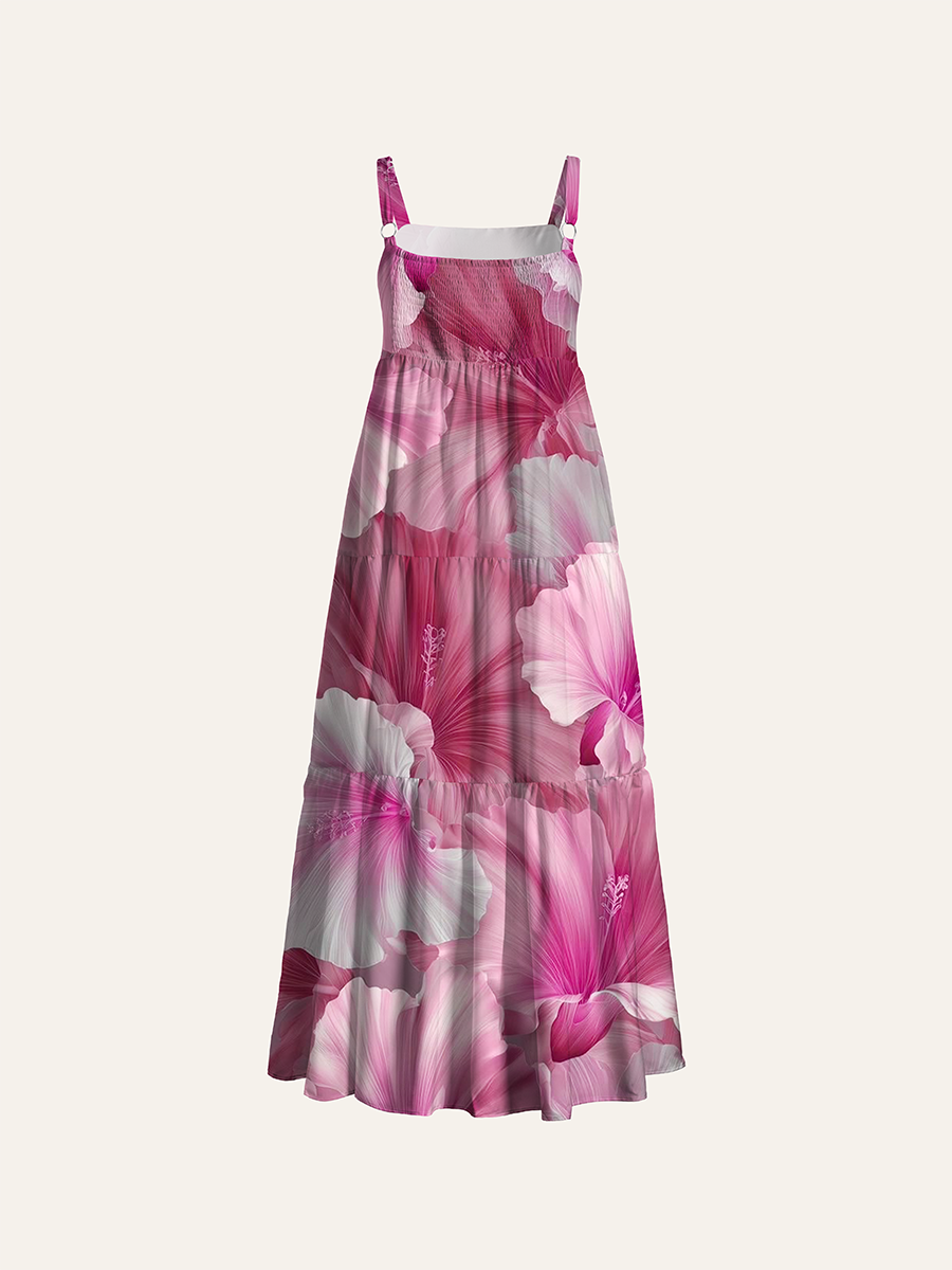 Muted Pink Gradient Hibiscus Realistic Floral Adjustable Wide Straps Maxi Dress