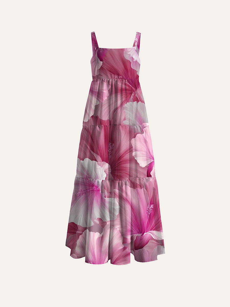 Muted Pink Gradient Hibiscus Realistic Floral Adjustable Wide Straps Maxi Dress