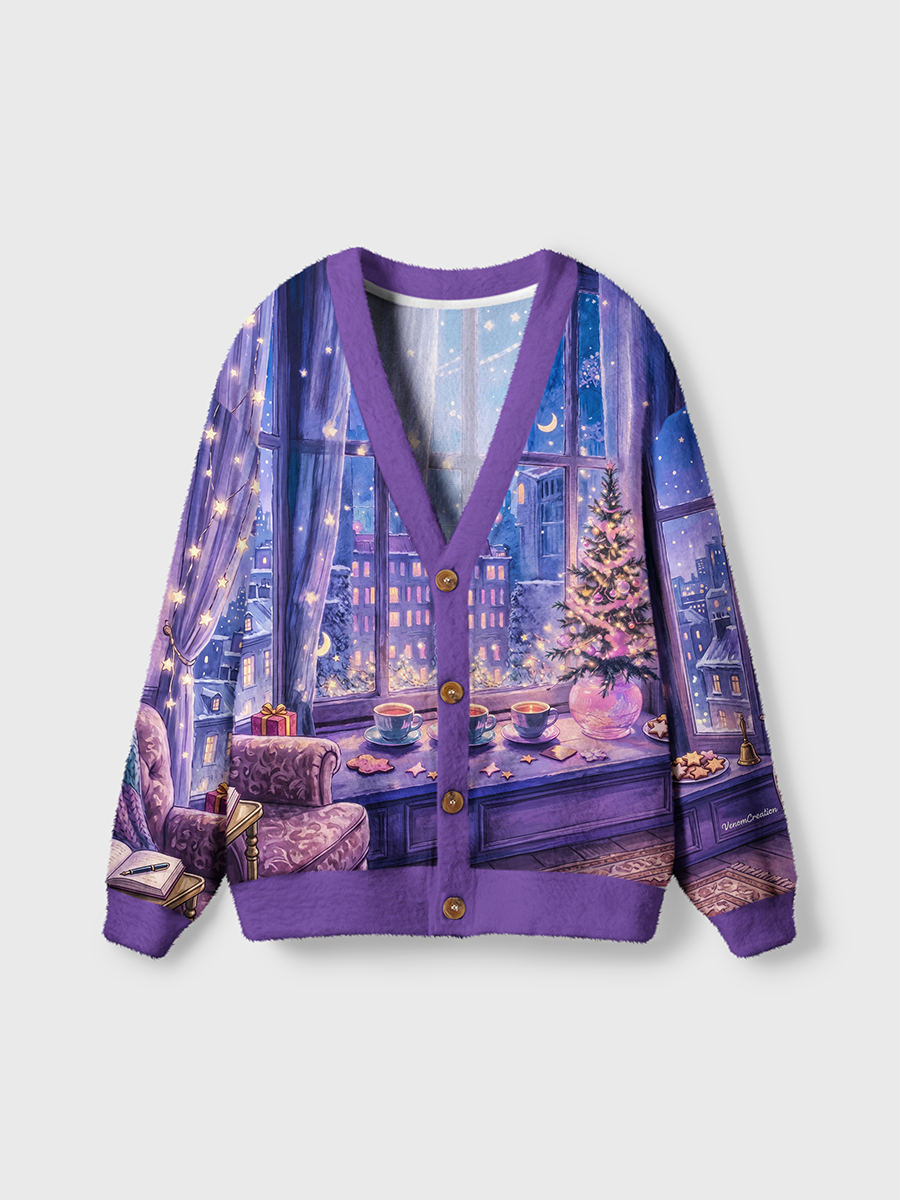 Vintage Windowside Candlelight Christmas Tree and Winter Snow Cardigan Sweaters