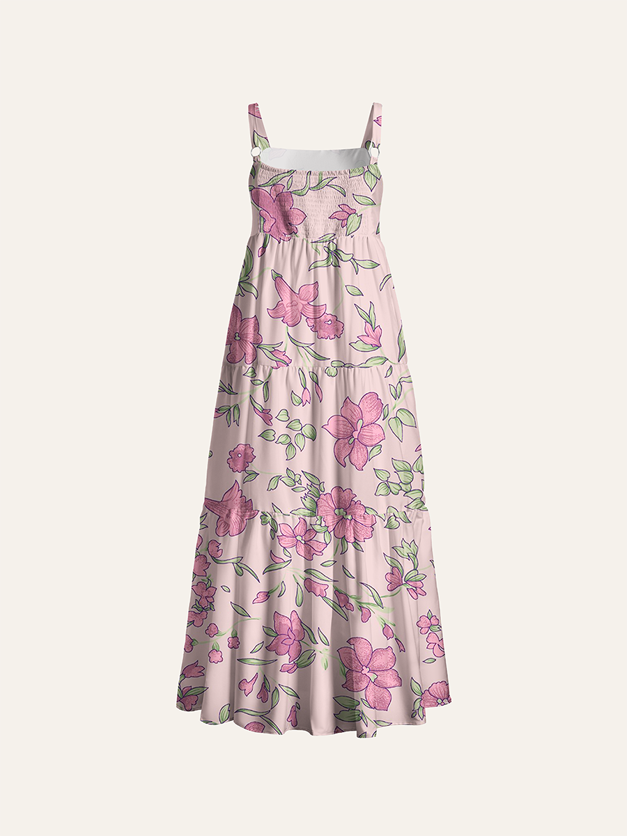 Light Pink Hand Drawn Vine Small Floral Adjustable Wide Straps Maxi Dress