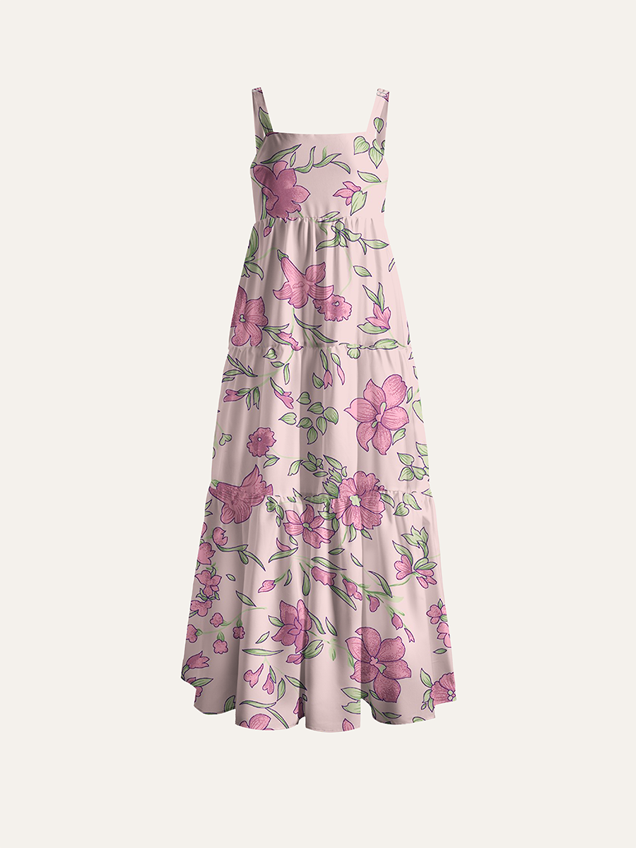 Light Pink Hand Drawn Vine Small Floral Adjustable Wide Straps Maxi Dress
