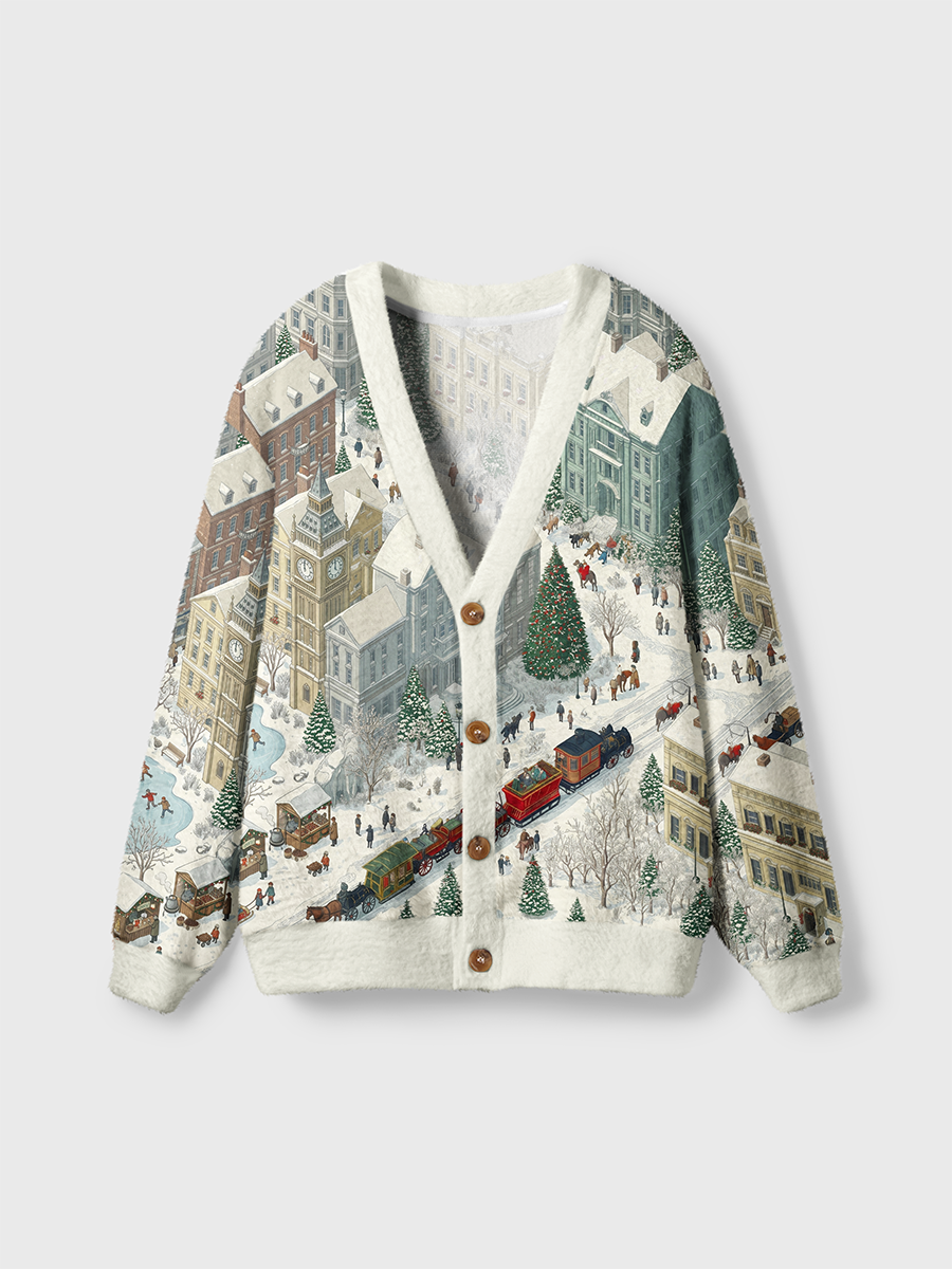 Vintage Aerial View Of Snowy Town Cardigan Sweaters