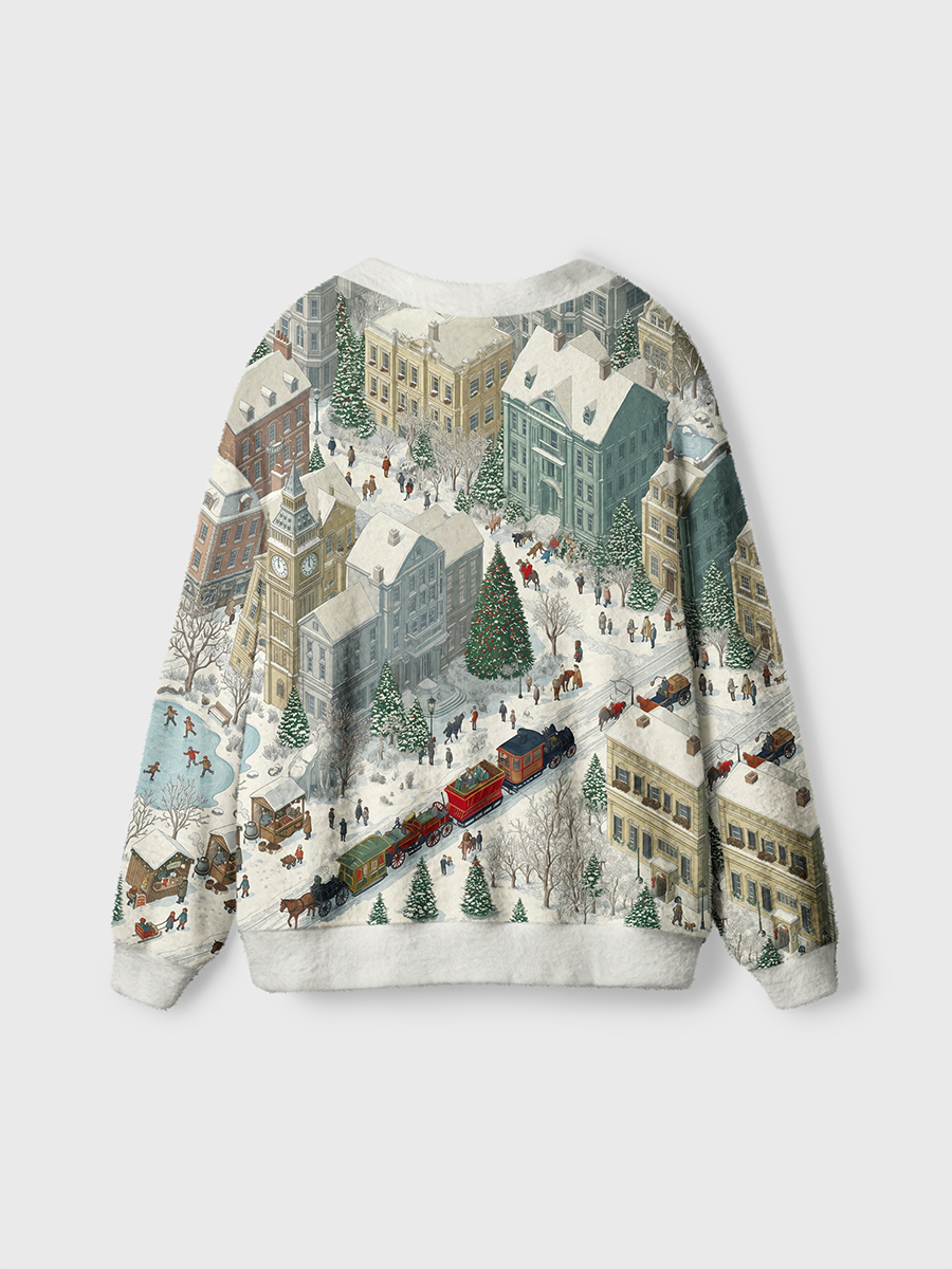Vintage Aerial View Of Snowy Town Cardigan Sweaters