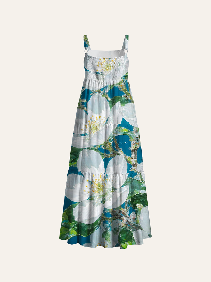 Impasto White Crabapple Flower Adjustable Wide Straps Maxi Dress