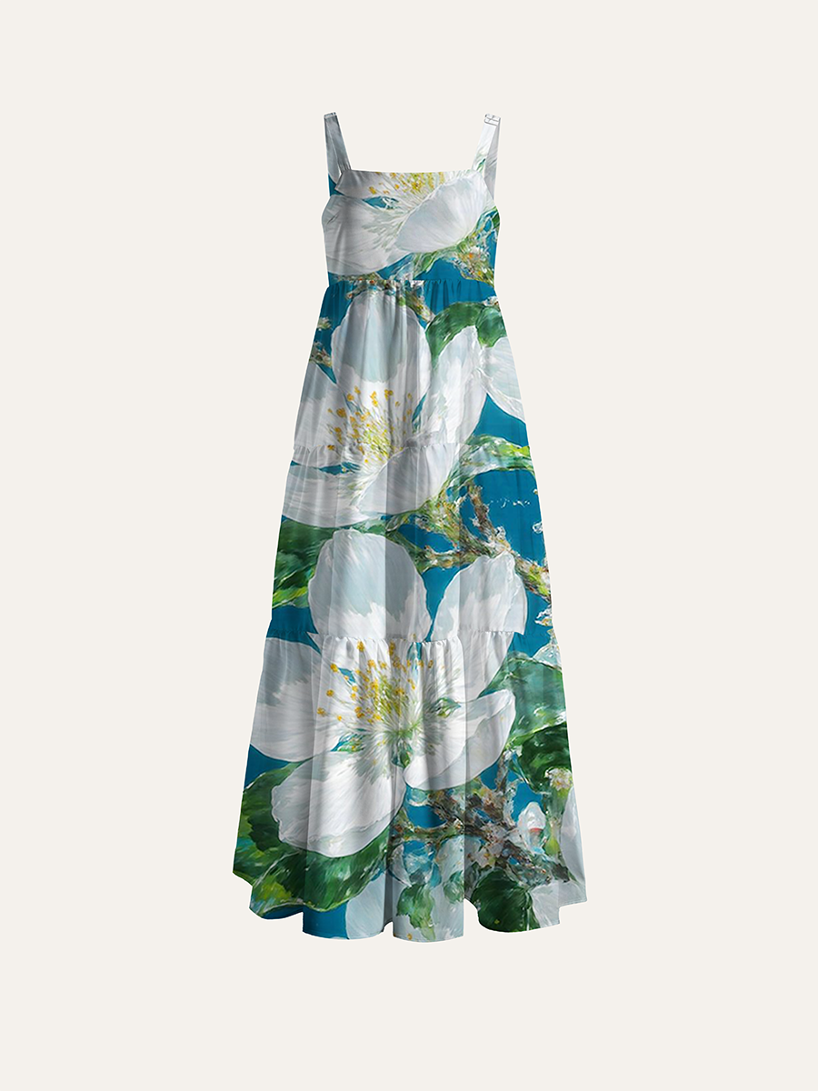 Impasto White Crabapple Flower Adjustable Wide Straps Maxi Dress