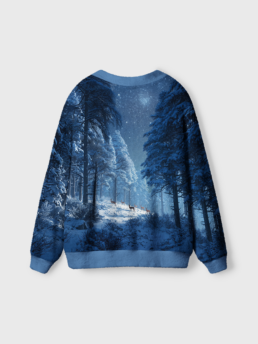 Vintage Quiet Snowy Pine Forest And Foraging Deer At Night Cardigan Sweaters