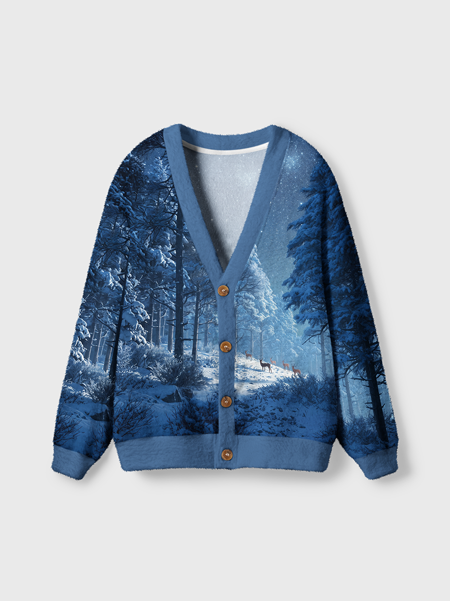Vintage Quiet Snowy Pine Forest And Foraging Deer At Night Cardigan Sweaters