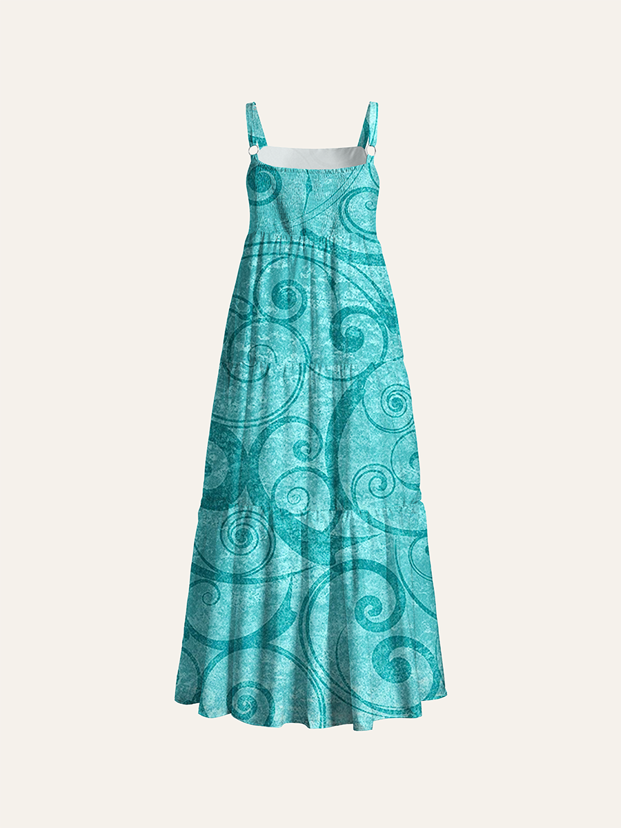 Teal Scroll Swirl Grunge Texture Adjustable Wide Straps Maxi Dress