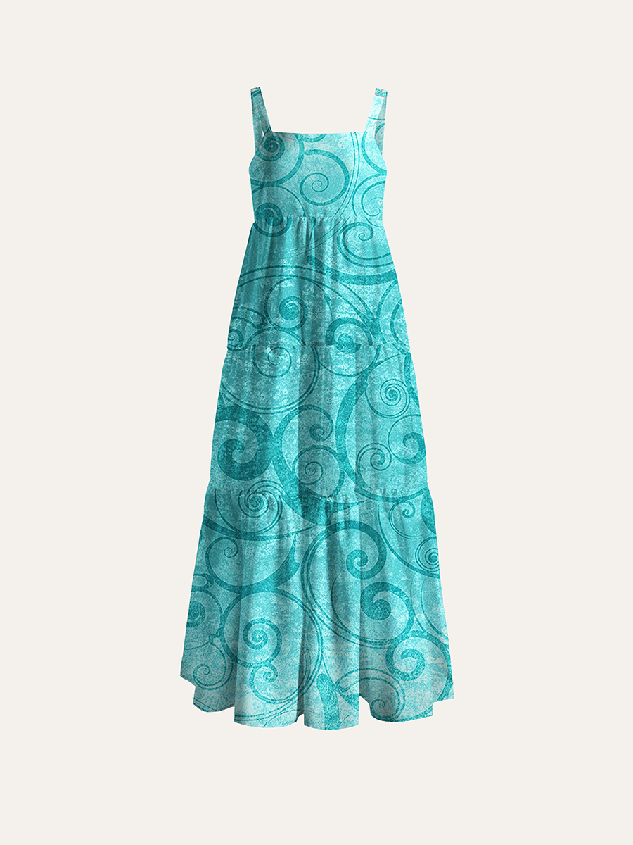 Teal Scroll Swirl Grunge Texture Adjustable Wide Straps Maxi Dress
