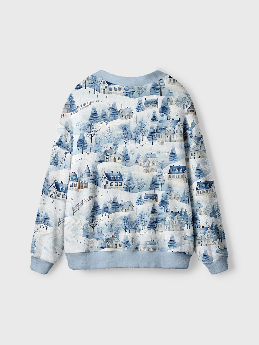 Vintage Watercolor Snow-covered Village And Mountains Cardigan Sweaters
