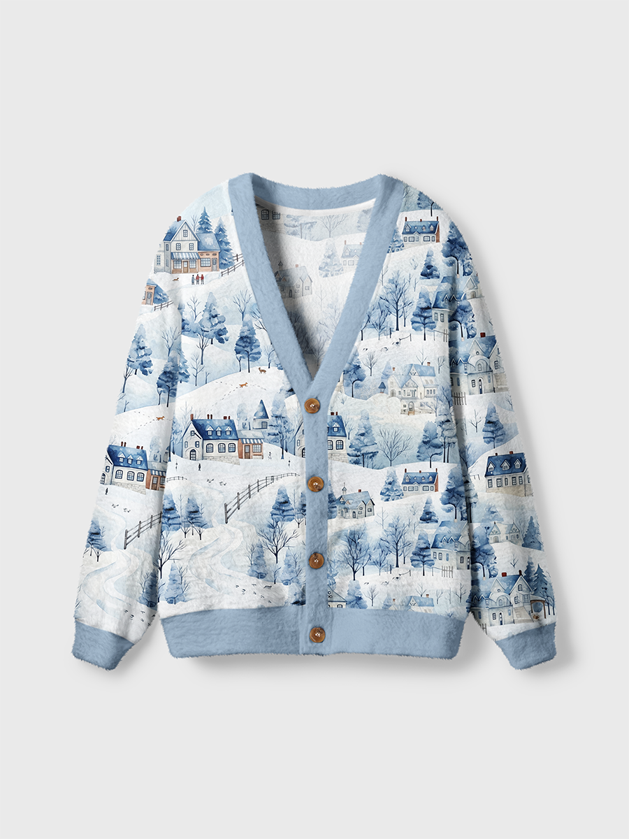 Vintage Watercolor Snow-covered Village And Mountains Cardigan Sweaters