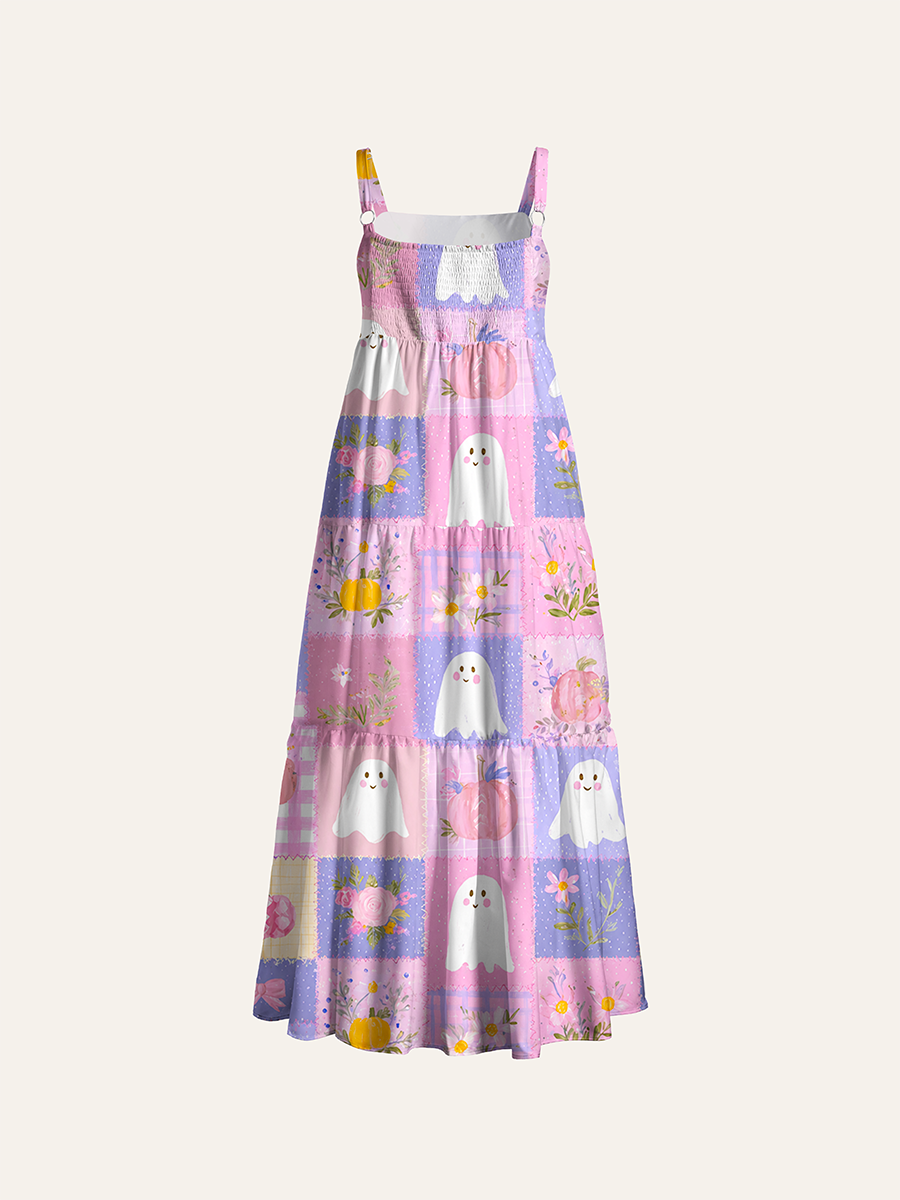 Patchwork Ghost Pumpkin Halloween Adjustable Wide Straps Maxi Dress
