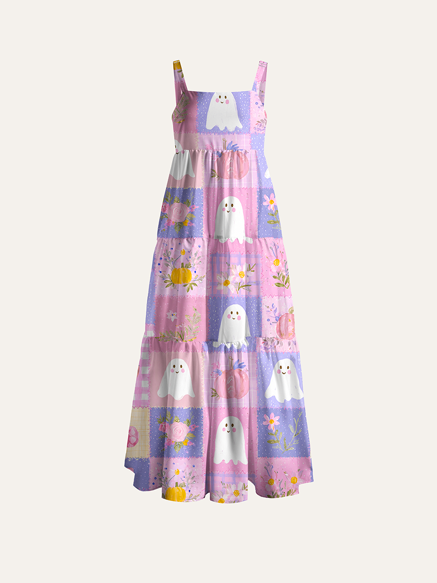 Patchwork Ghost Pumpkin Halloween Adjustable Wide Straps Maxi Dress