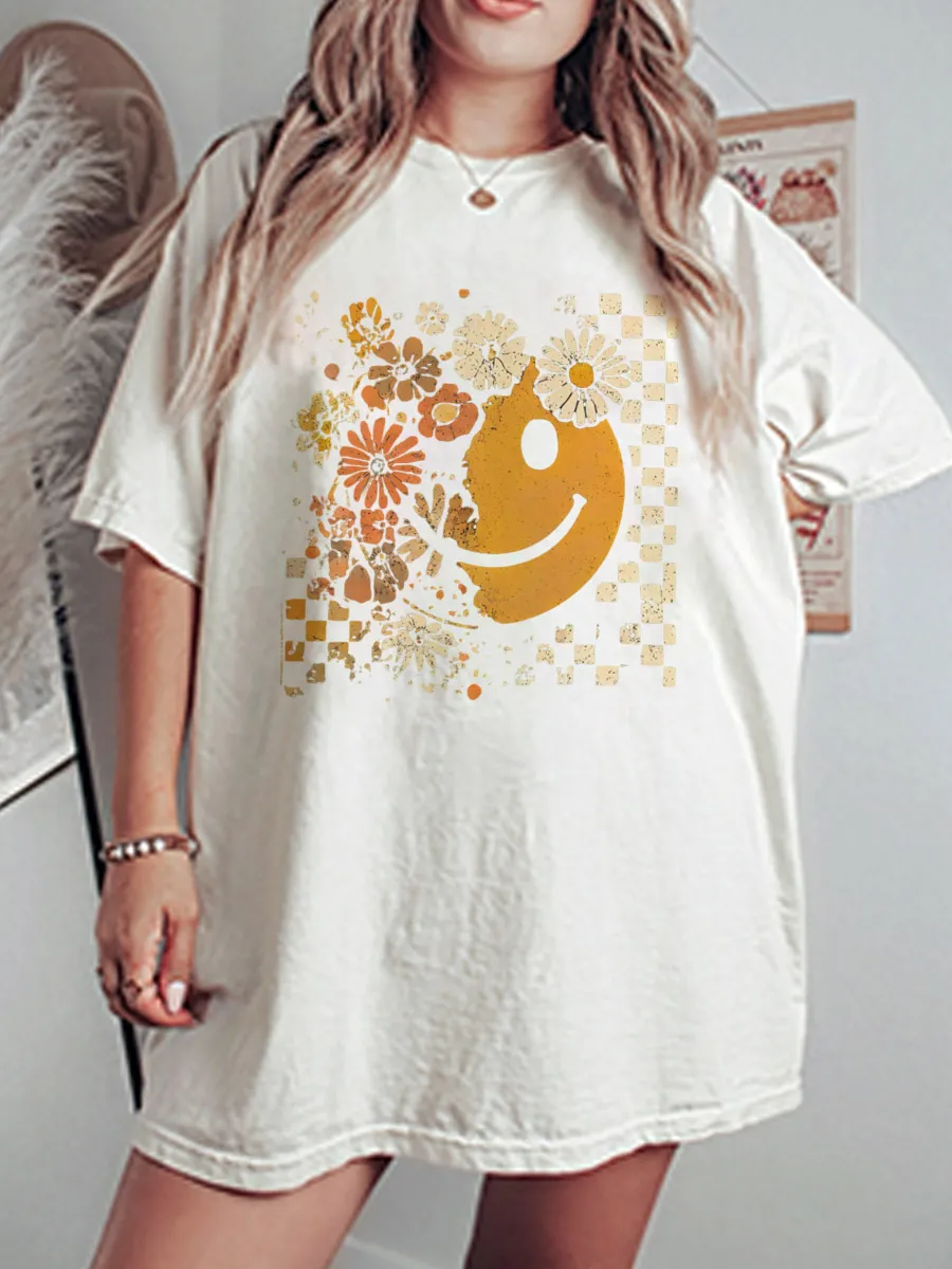 Vintage Floral Smiley Face Oversize Graphic Tee