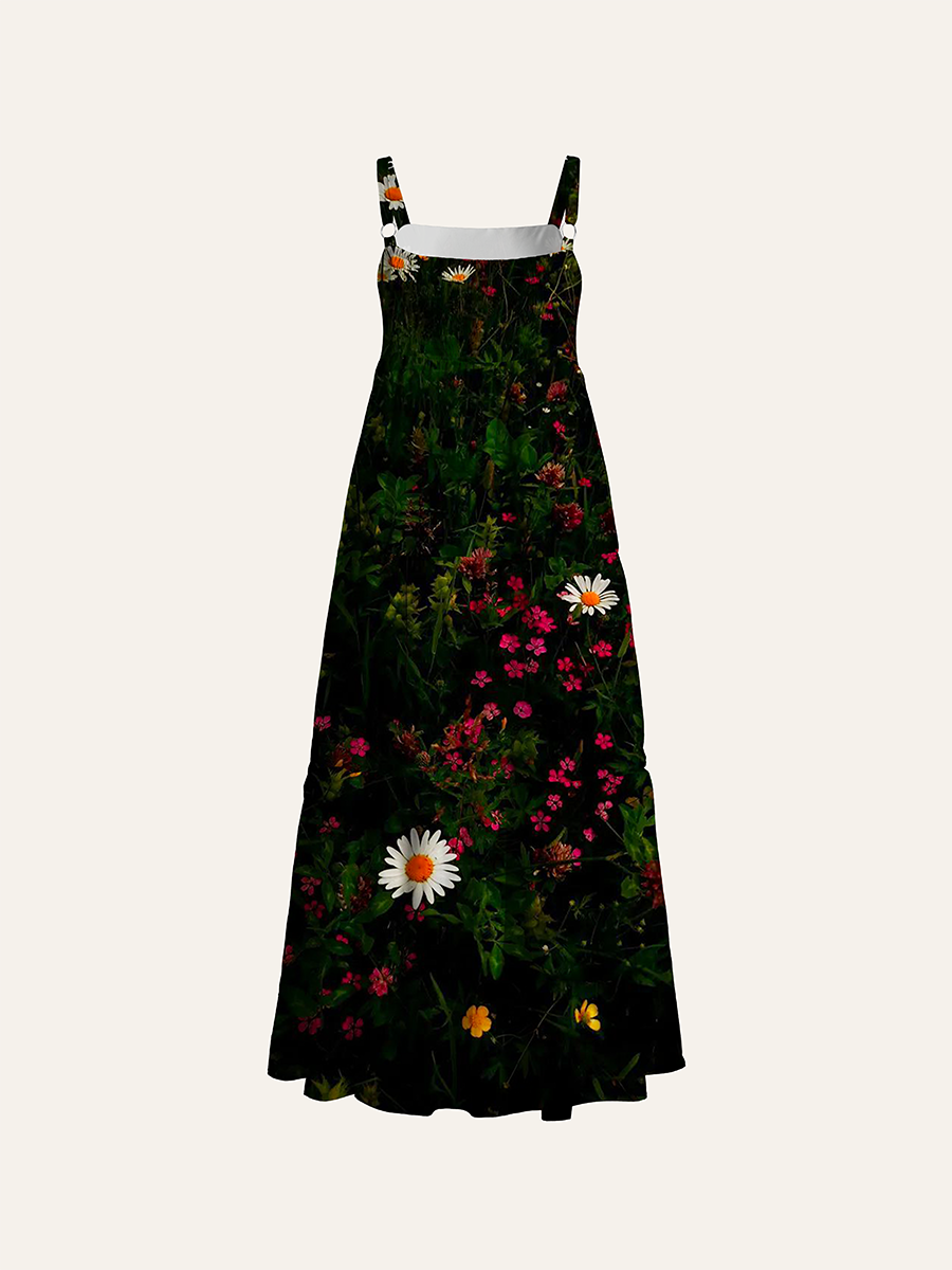 Dark Moody Wild Daisy Meadow Photographic Adjustable Wide Straps Maxi Dress