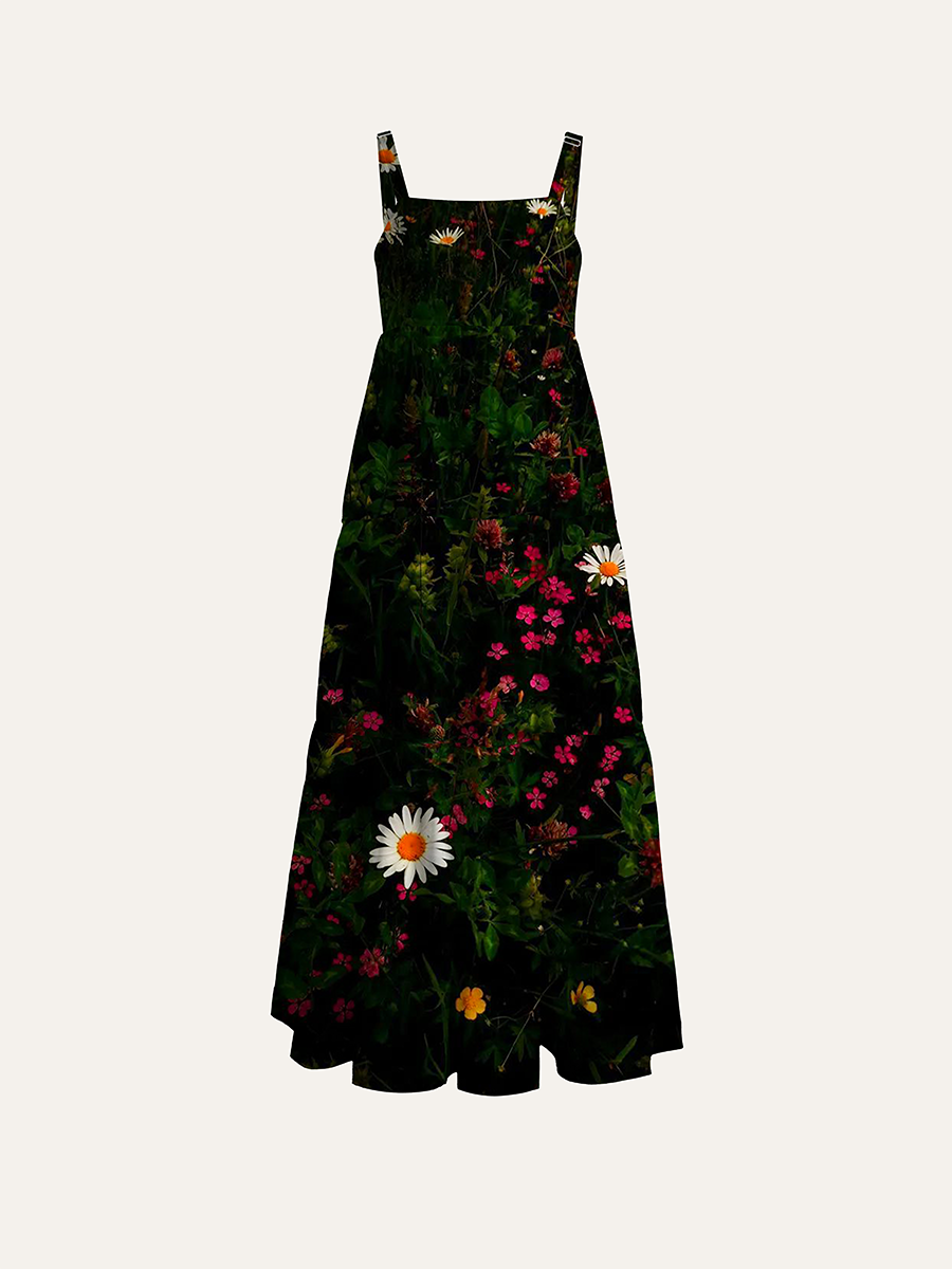Dark Moody Wild Daisy Meadow Photographic Adjustable Wide Straps Maxi Dress