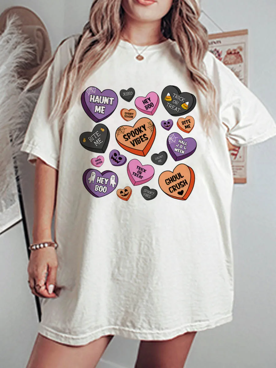 Vintage Candy Hearts Halloween Oversize Graphic Tee