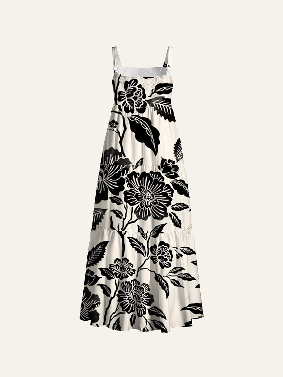 Cream Black White Peony Ink Silhouette Floral Adjustable Wide Straps Maxi Dress