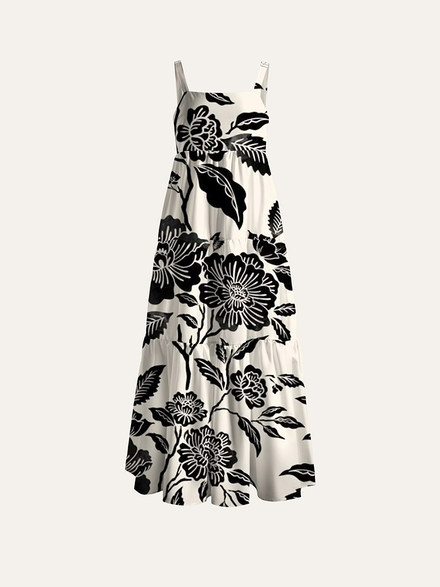 Cream Black White Peony Ink Silhouette Floral Adjustable Wide Straps Maxi Dress